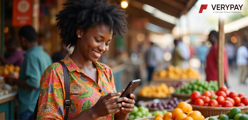 african woman purchasing produce with her cell phone
