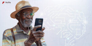 Old man using a feature phone to access AI