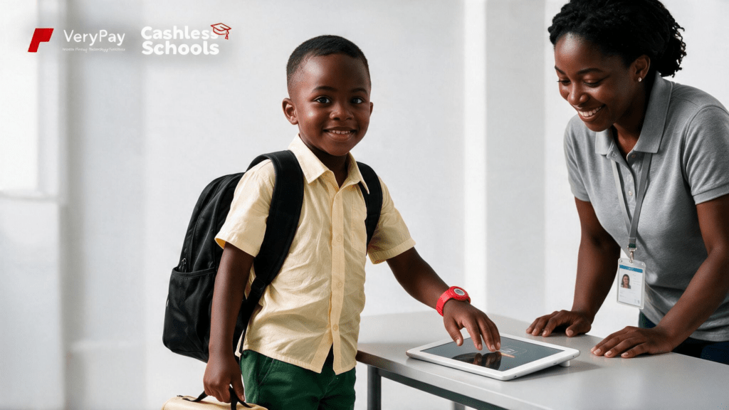 a boy and a woman. The boy is getting into school and the woman is an attendant