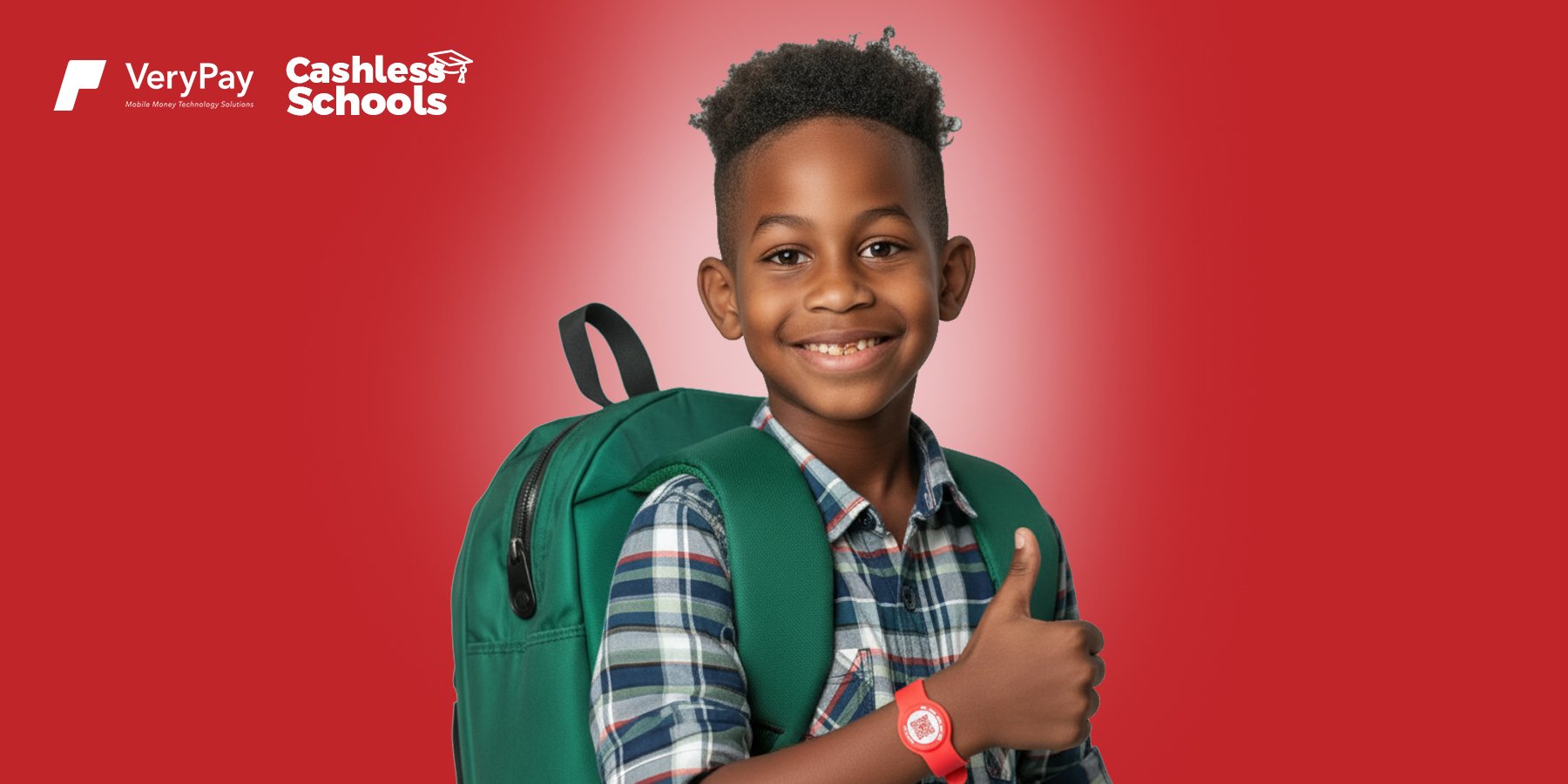 Boy carrying a green bag, wearing a verypay bracelet on his right wrist and raising a thumbs up